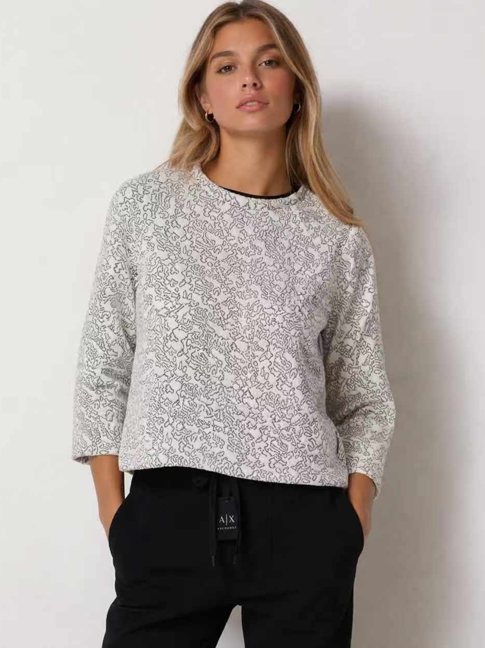 Armani Exchange White Crewneck Sweatshirt with Black Scribble Print Small